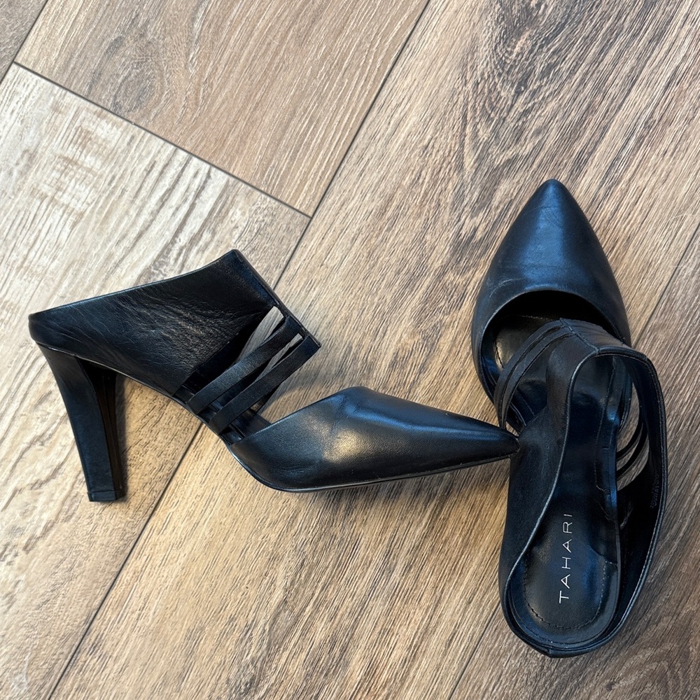 Tahari Black Leather Pointed-Toe Mules